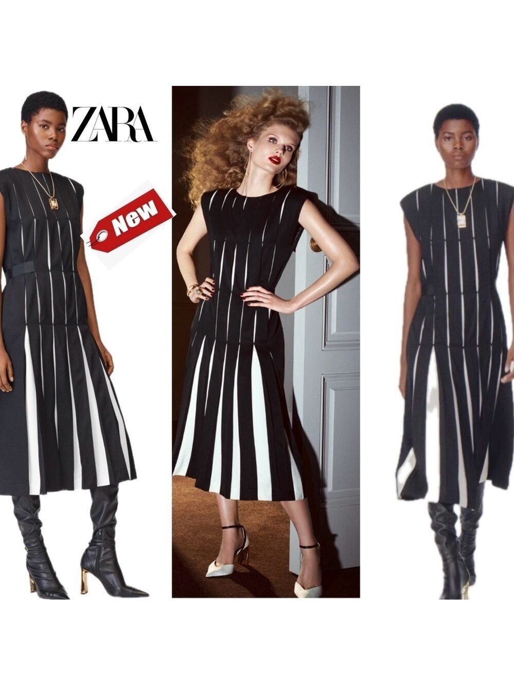ZARA BLACK WHITE WOOL BLEND BOX PLEAT DRESS SPECIAL LIMITED EDITION Sz M NWT
